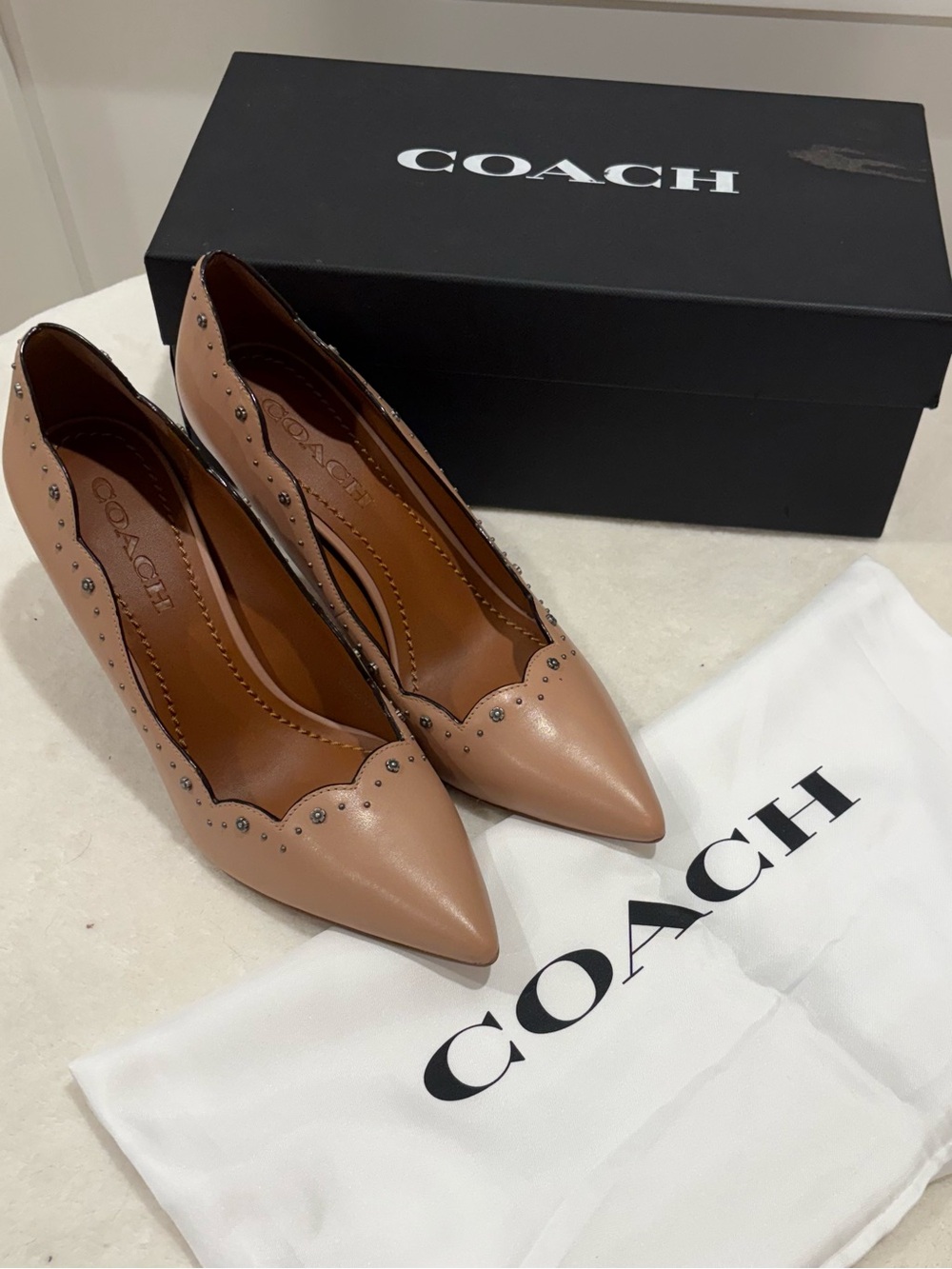 COACH Waverly 85 Leather Pump with Metal Rose Studs In Pale Blush - Size 8